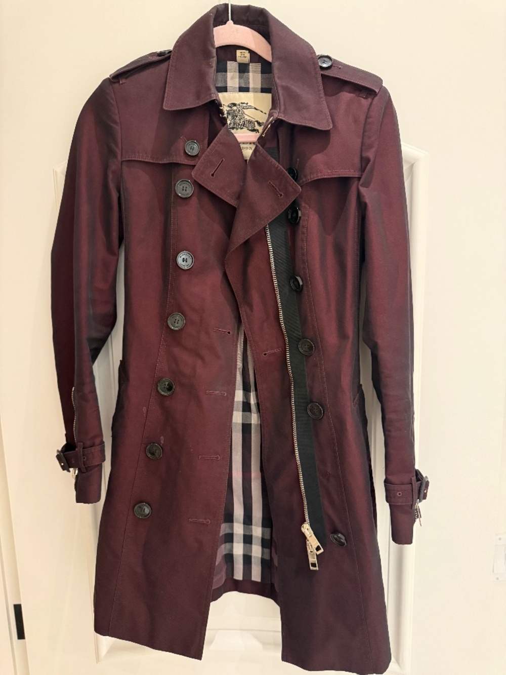Title: Burberry London Burgundy Belted Trench Coat – Size FR 36